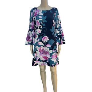 Eliza J Bell Sleeve Floral Print Shift Dress Colorful Green Pink EUC Size 6 NWT